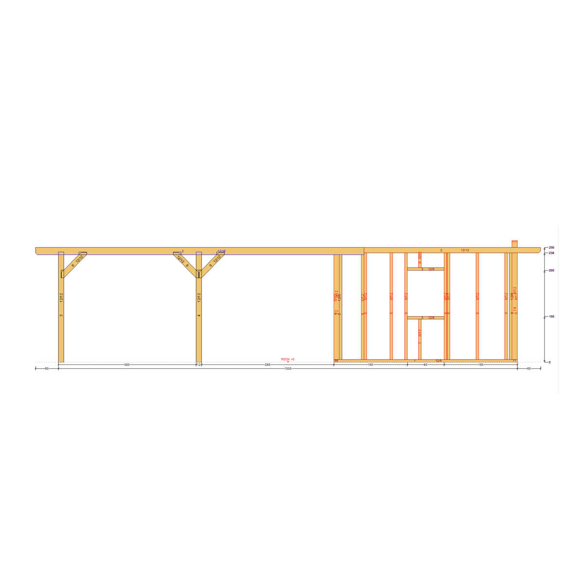 Bauplan Gartenhaus 79 Seitenansicht mit Bemaßung