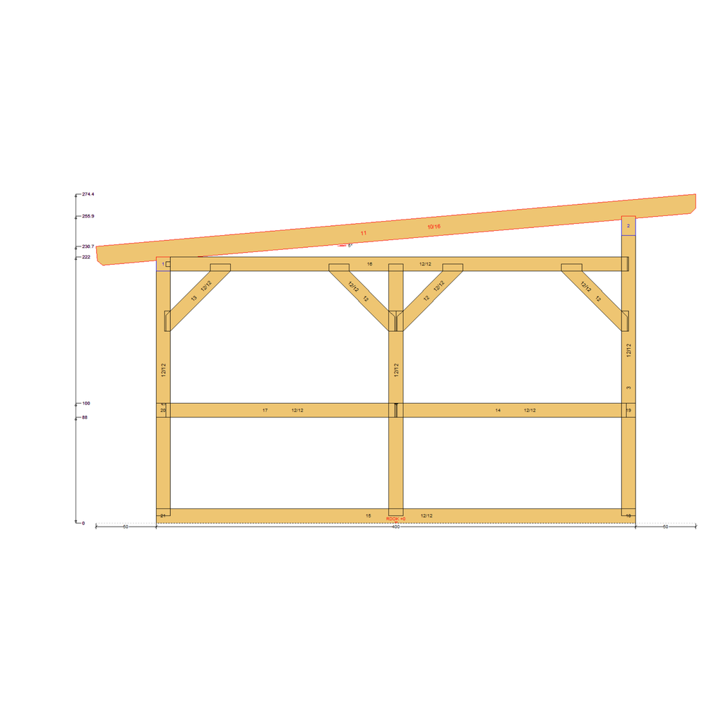 Bauplan Pavillon-Schleppdach 2 Querschnitt mit Bemaßung