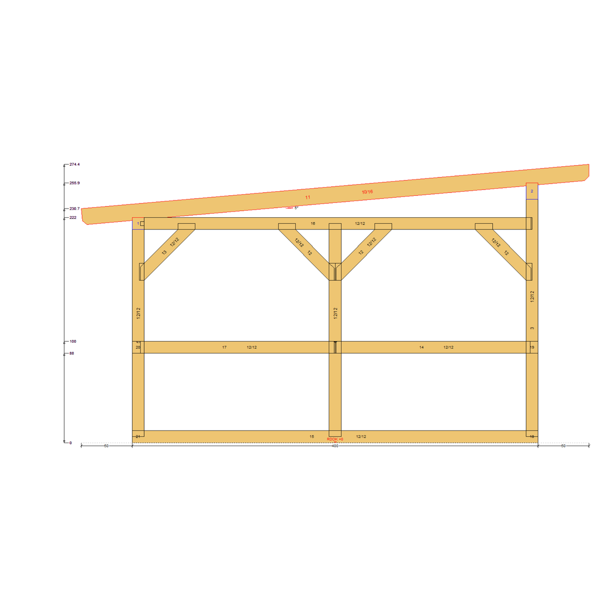 Bauplan Pavillon-Schleppdach 2 Querschnitt mit Bemaßung