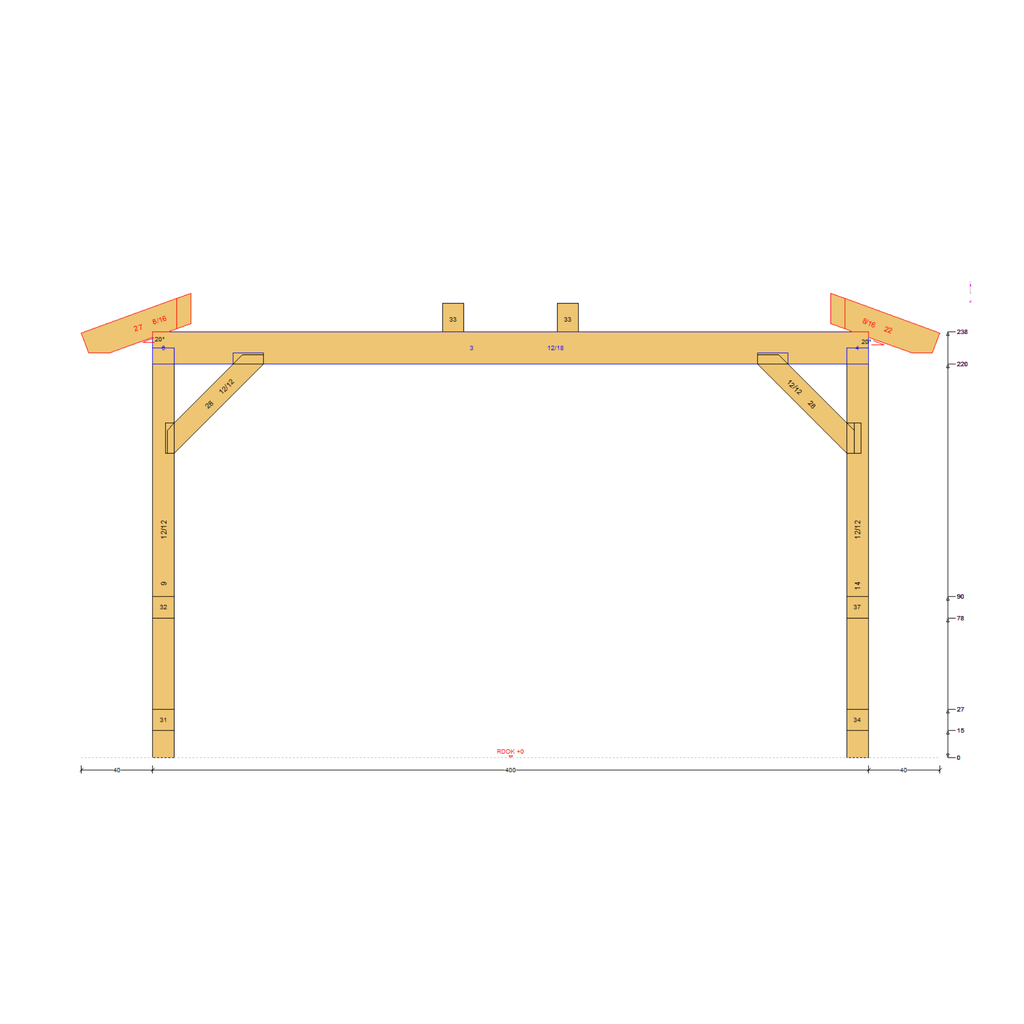 Bauplan Pavillon Walmdach 14 Seitenansicht mit Bemaßung