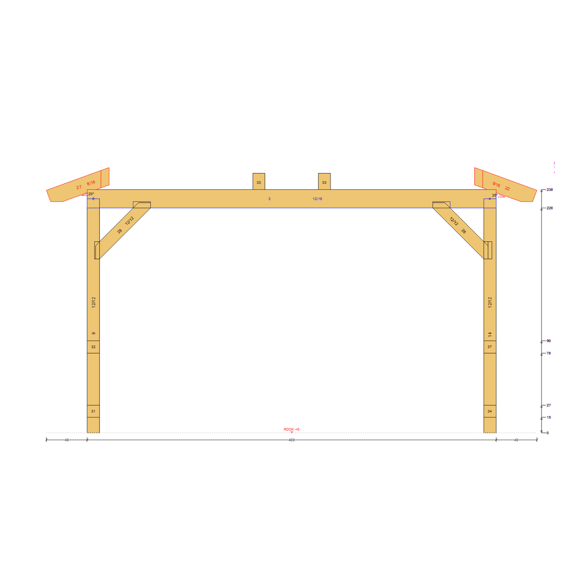 Bauplan Pavillon Walmdach 14 Seitenansicht mit Bemaßung