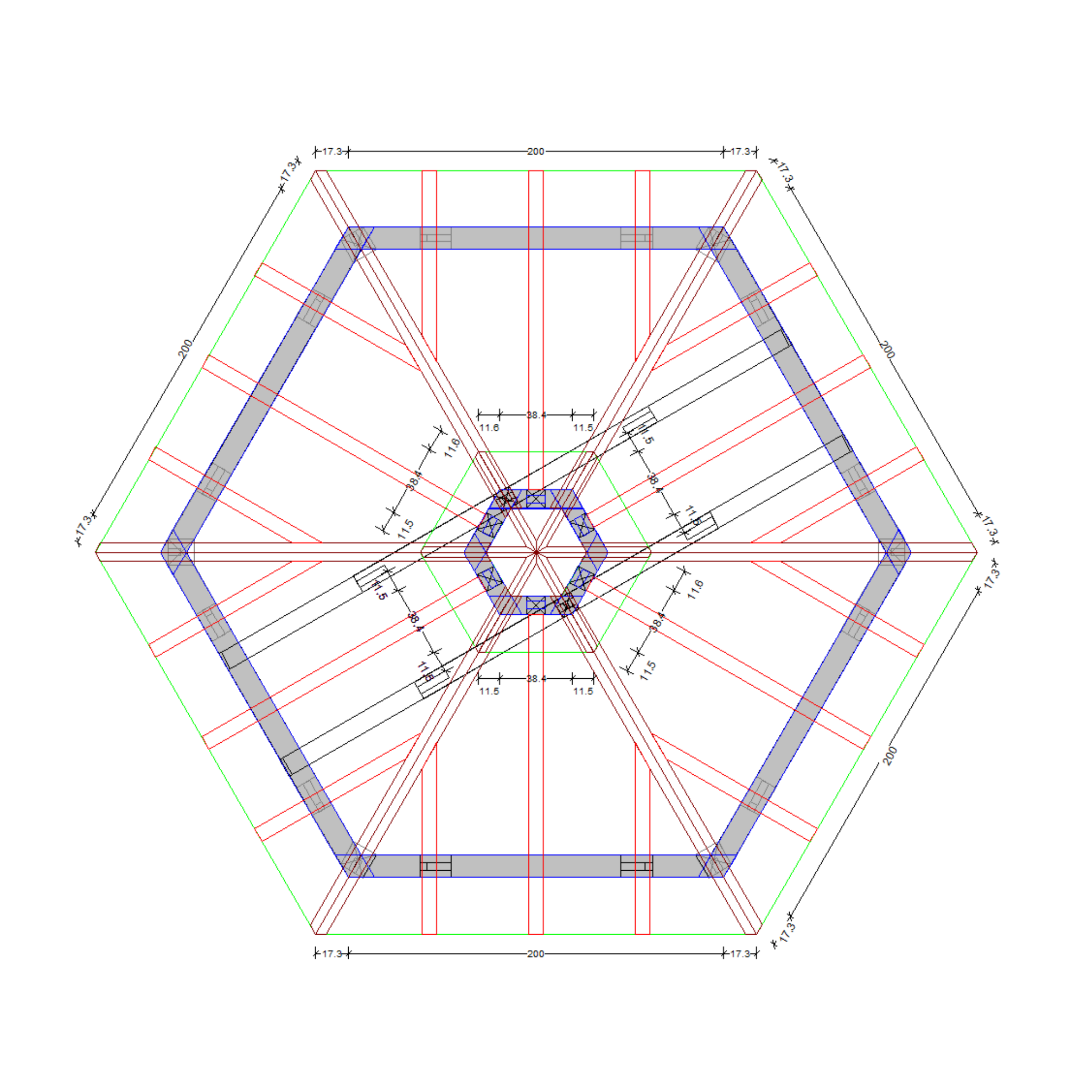Bauplan Pavillon 6-Eck 6 Draufsicht mit Bemaßung