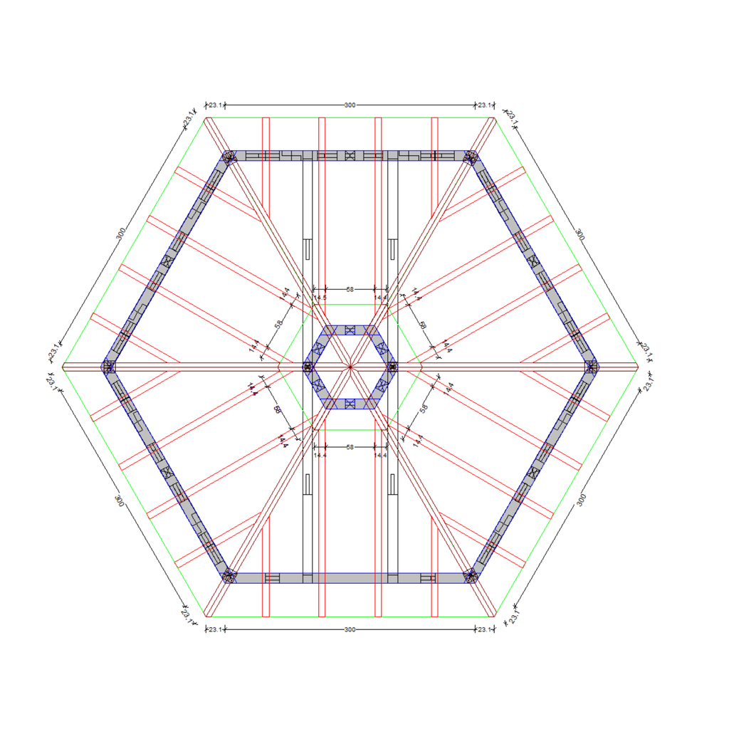 Bauplan Pavillon 6-Eck 7 Draufsicht mit Bemaßung