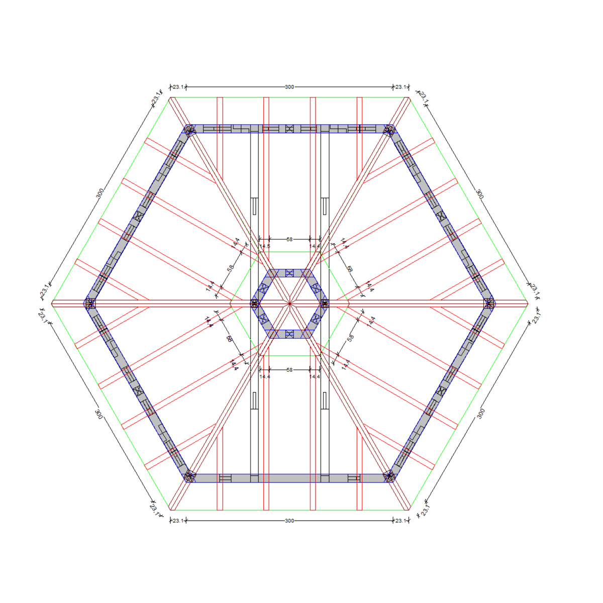 Bauplan Pavillon 6-Eck 7 Draufsicht mit Bemaßung