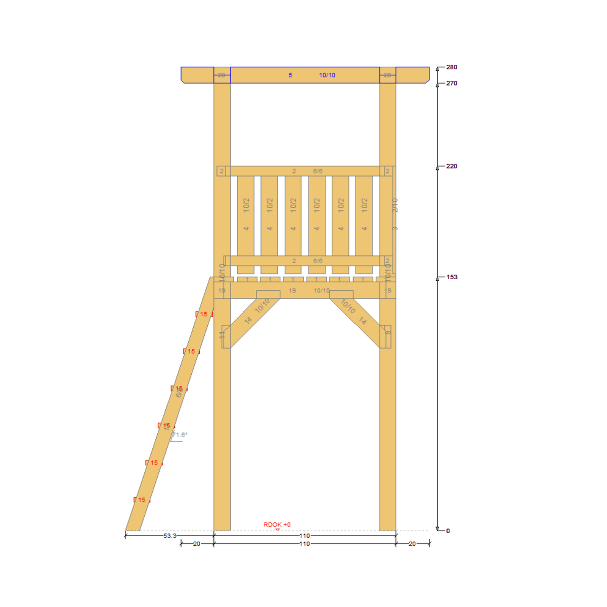 Bauplan Spielturm 1 Seitenansicht mit Bemaßung