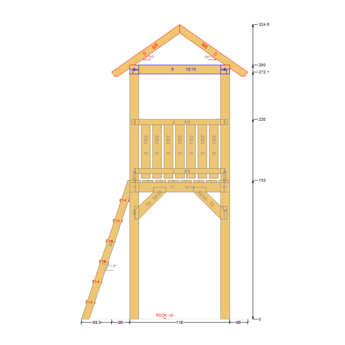 Bauplan Spielturm 5 Querschnitt mit Bemaßung
