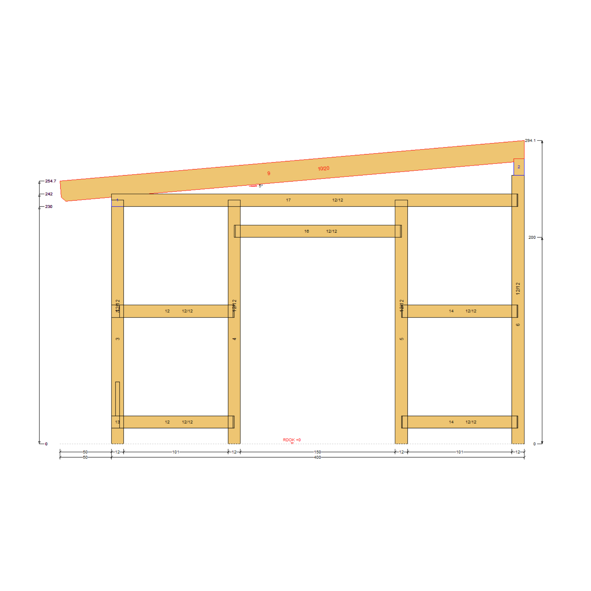 Bauplan Wand-Pergola 8 Querschnitt mit Bemaßung